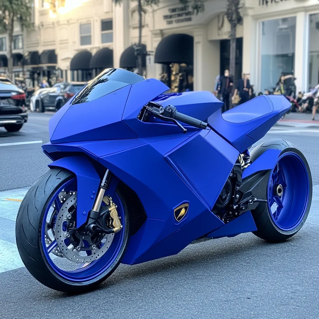 A vibrant blue custom motorcycle, possibly a Lamborghini-inspired design, is parked on a city street.  Its matte finish and angular bodywork are striking.  Large, blue-rimmed wheels add to its unique aesthetic. The motorcycle is positioned against a backdrop of upscale shops and buildings, enhancing its luxurious feel.  The Lamborghini logo is subtly visible on the body.
