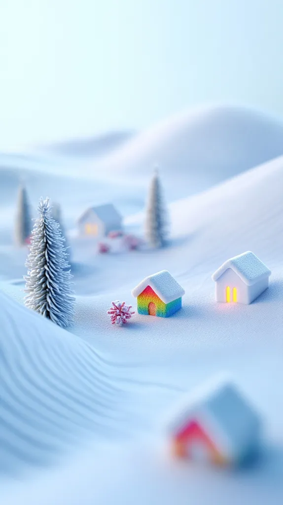 A miniature winter wonderland scene unfolds, showcasing a rainbow-colored house nestled amongst snow-covered hills.  Small white houses and a frosted evergreen tree add to the charming tableau. A delicate snowflake ornament rests near the rainbow house, enhancing the festive atmosphere.  The soft, light blue background emphasizes the serene, peaceful ambiance of the image.