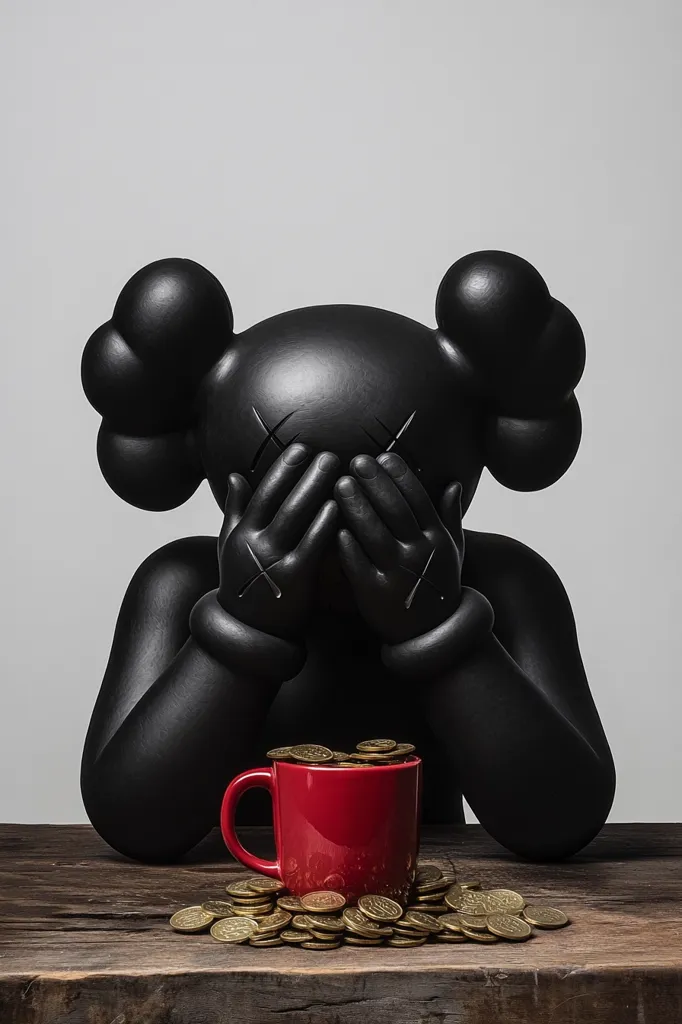 A black Companion sculpture by KAWS sits at a wooden table, its hands covering its eyes.  A red mug overflows with gold coins, spilling onto the table, creating a stark contrast between the somber figure and the glittering wealth. The image evokes a sense of hidden or concealed riches, possibly referencing themes of materialism and societal pressures.