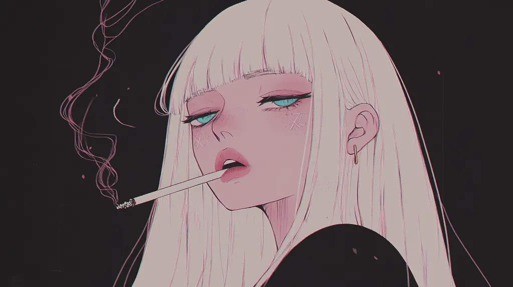 The illustration depicts a young woman with long, straight white hair.  She has pale skin, light blue eyes, and is smoking a cigarette.  Her expression is somewhat aloof, and she wears small hoop earrings. The style is anime-influenced, with a muted color palette dominated by pinks and blacks, creating a melancholic and slightly edgy atmosphere.  The smoke curls delicately around her.