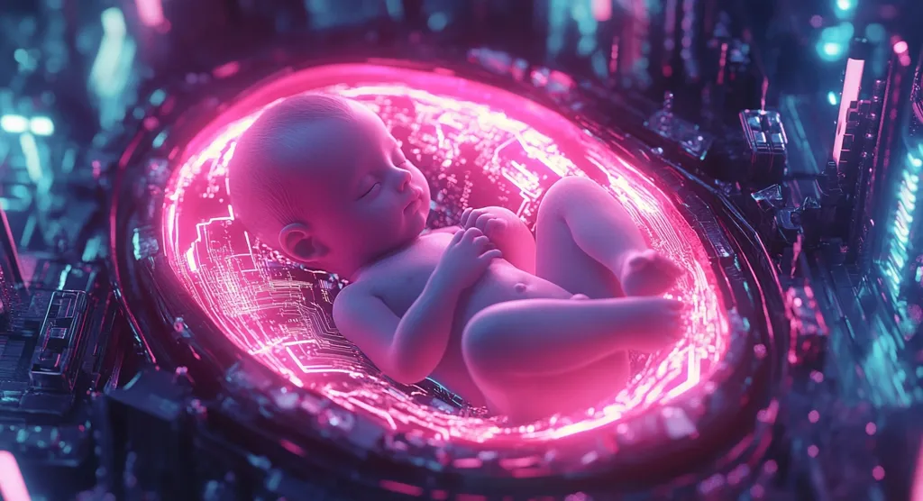 A newborn baby rests peacefully within a glowing, ovular pod.  The pod is embedded in a complex, futuristic cityscape of vibrant pink and blue neon lights, suggesting a technologically advanced setting. The scene evokes a sense of both wonder and a slightly unsettling futuristic birth. The baby's serene expression contrasts with the dynamic, almost chaotic background.