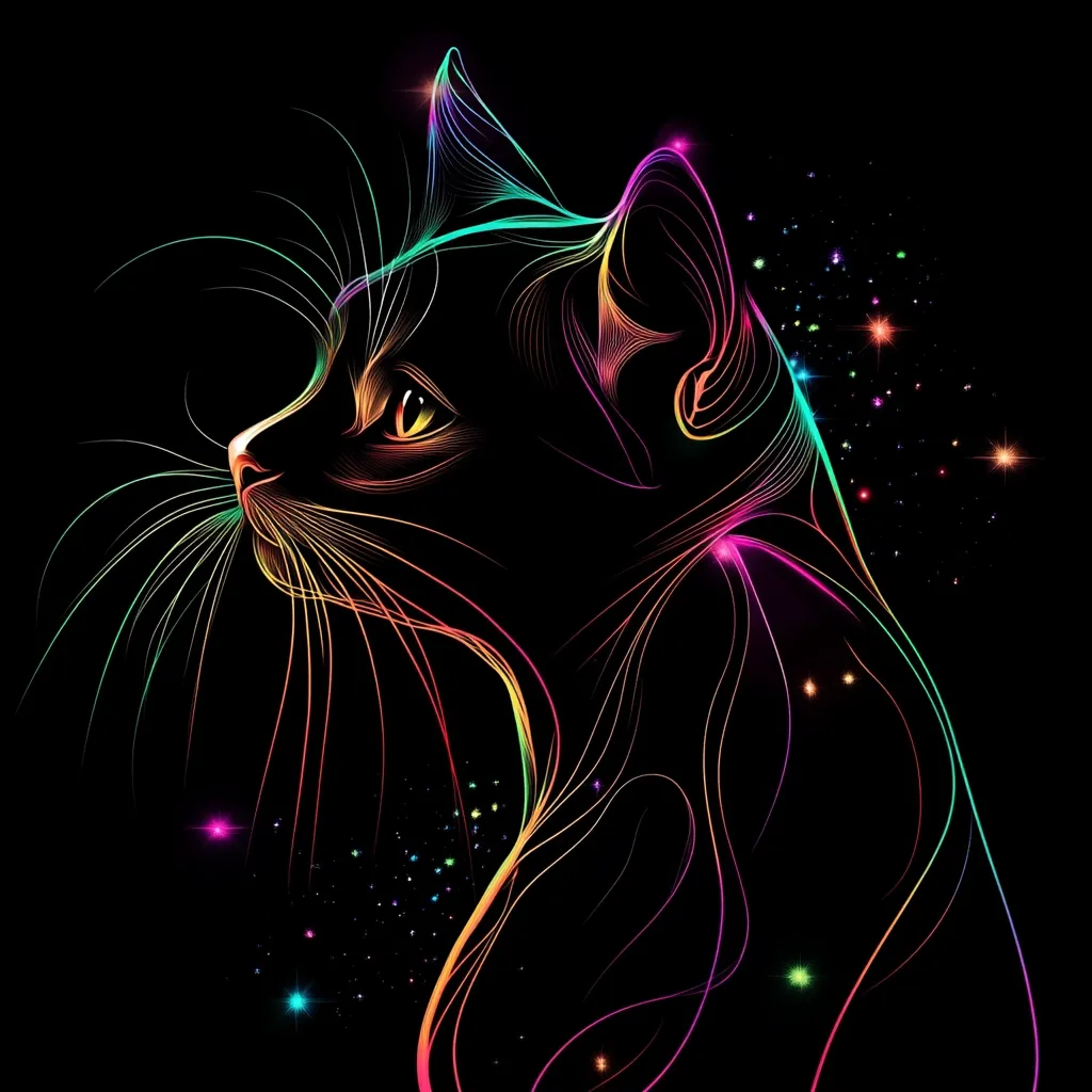 A vibrant, stylized illustration of a cat's profile.  Rainbow-colored lines form the cat's shape against a black background, creating a glowing, ethereal effect.  Tiny sparkling lights surround the cat, adding to the magical, almost otherworldly feel. The cat's gaze is directed towards the right, giving it a contemplative air. The image is visually striking and artistic.
