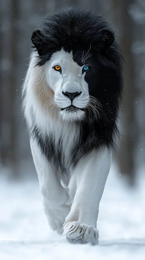 A majestic lion with a striking two-toned coat strides through a snowy landscape.  One half of its body is pristine white, while the other is a deep black, creating a captivating contrast.  Its eyes are an unusual orange and blue, adding to its mystical appearance.  The lion's thick mane frames its face, enhancing its regal demeanor.  The background is blurred, focusing attention on the animal's unique features.