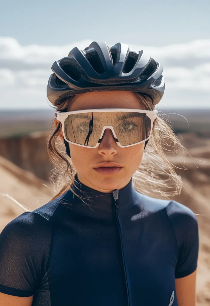 A female cyclist, wearing a dark navy cycling jersey and a black helmet, is captured in a close-up shot.  She sports white cycling sunglasses with mirrored lenses, reflecting the desert landscape behind her. Her blonde hair is partially windblown, adding to the dynamic feel of the image. The sun-drenched background hints at a dry, arid environment.