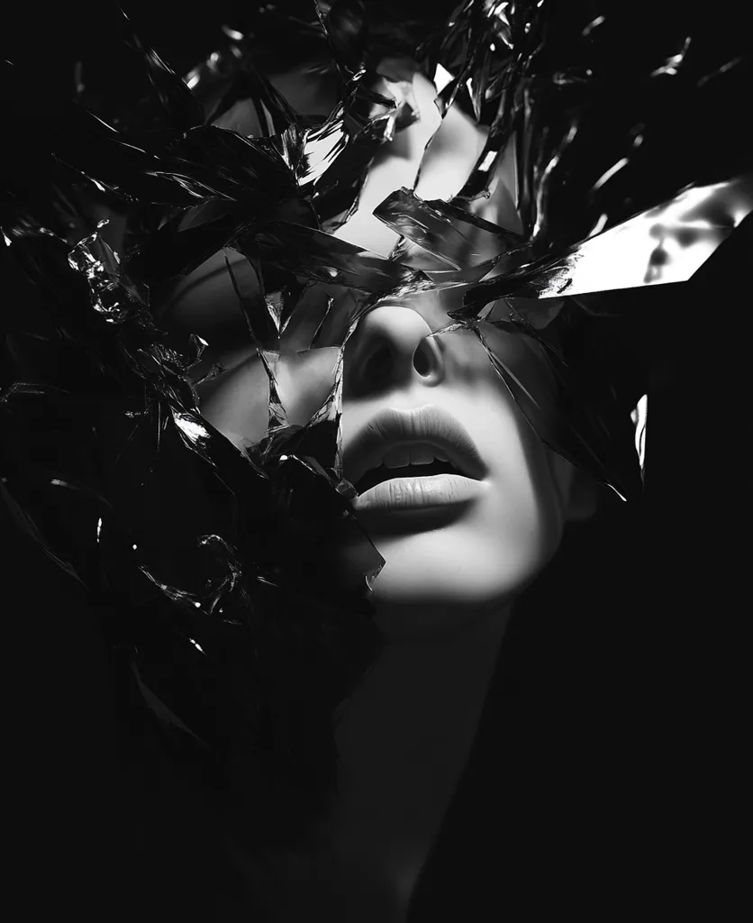 A black and white close-up image depicts a woman's face partially obscured by shattered glass. The shards are sharp and dramatic, contrasting with the smooth skin. Her expression is one of serene vulnerability. The dark background emphasizes the contrast between the light skin and the dark glass. The overall mood is one of mystery and fragility.