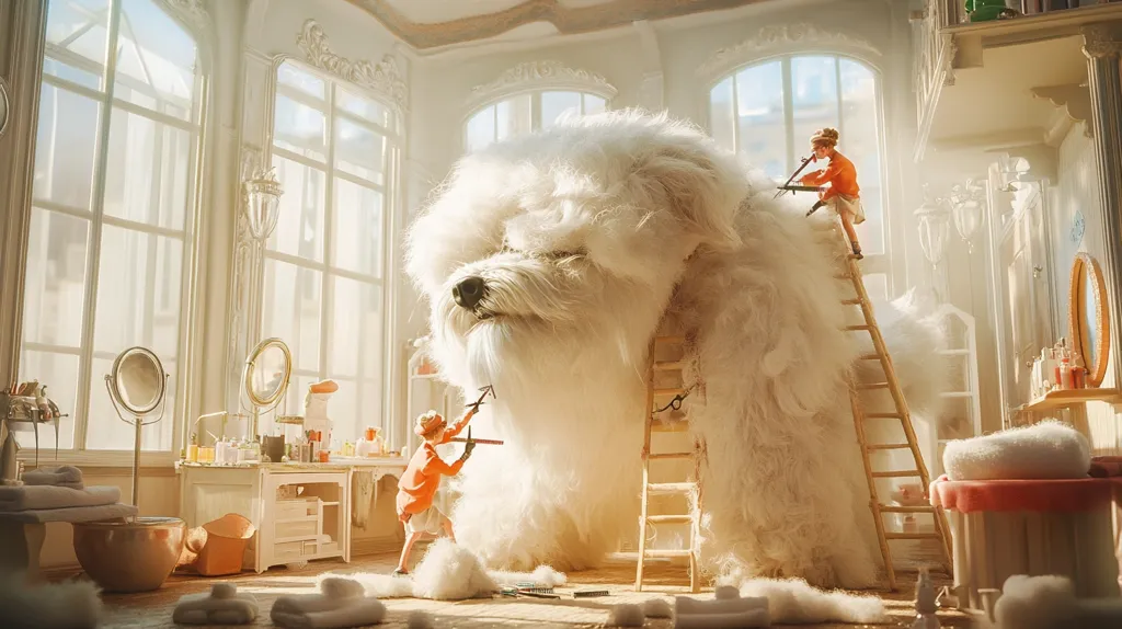 A giant, fluffy white dog sits in a sunlit, ornate bathroom while two children groom it. One child uses shears atop a ladder, while the other trims its beard with clippers.  The room is filled with fluffy white dog hair, and the scene is whimsical and fantastical, like a dollhouse come to life. The overall style is reminiscent of a children's storybook illustration.
