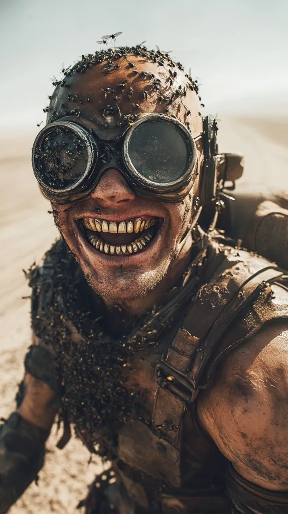 A grimy, post-apocalyptic warrior grins, his face and goggles covered in flies.  His worn, mud-caked armor and exposed, damaged teeth contribute to a visceral, unsettling image. The setting appears to be a desolate, sandy wasteland under a bright sun. The overall aesthetic is gritty and intense, suggesting a harsh and unforgiving environment.