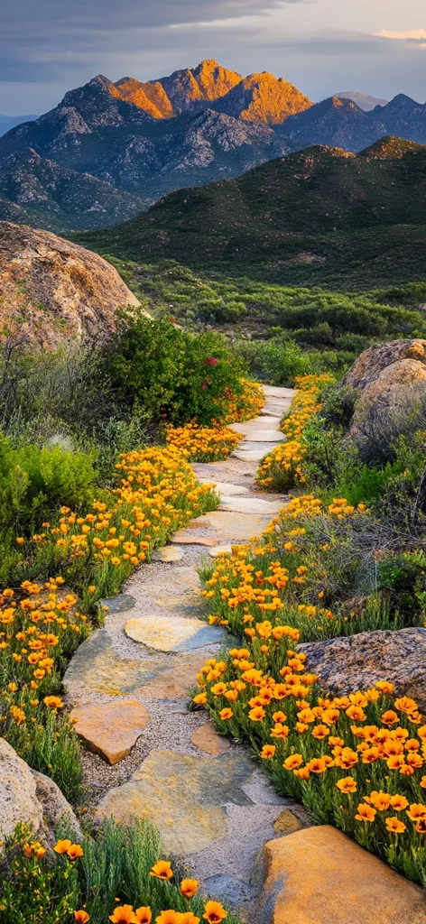 A stone pathway winds through a vibrant landscape, bordered by bright orange wildflowers.  The path leads towards a majestic mountain range bathed in the golden light of sunset.  Large rocks are interspersed with the flowers, adding to the natural beauty of the scene. The mountains are a rich tapestry of greens and blues, creating a breathtaking vista.