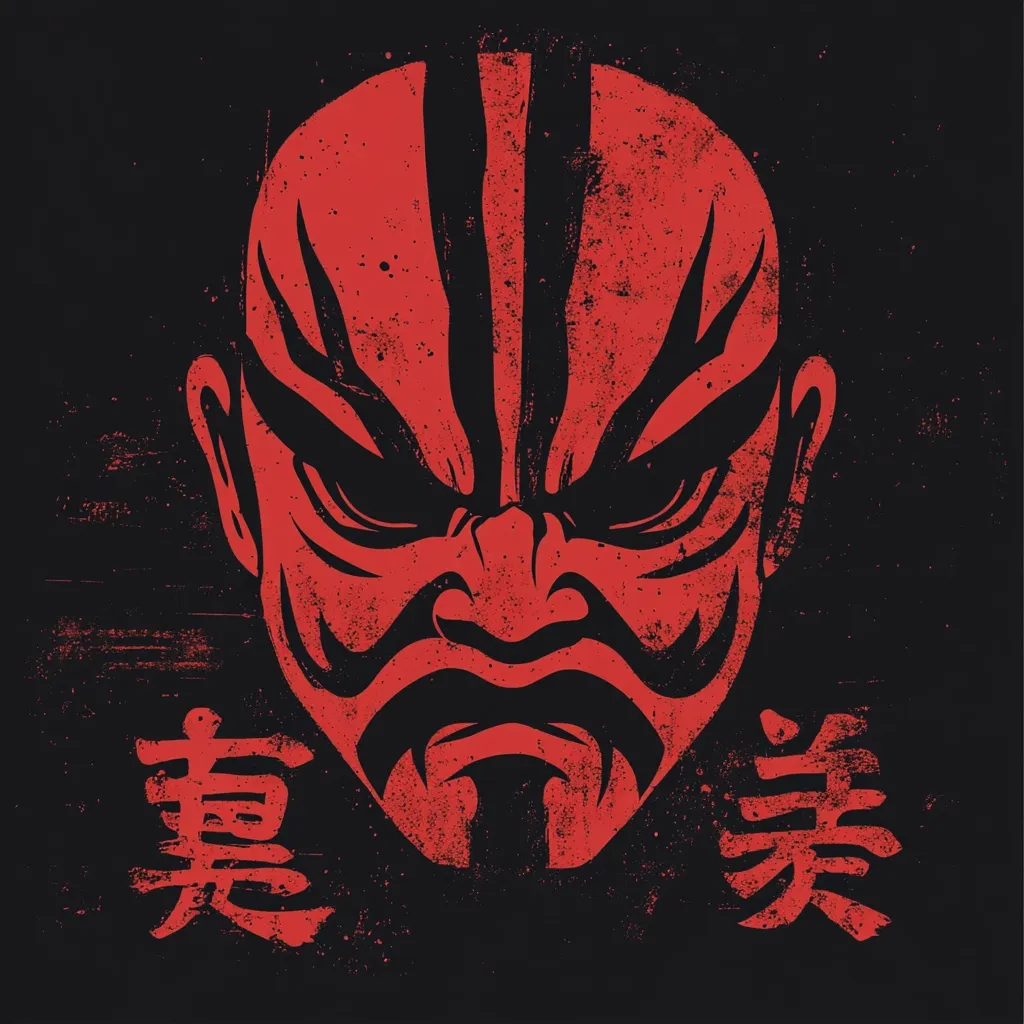 A stylized graphic of a red oni mask dominates the center, its fierce expression emphasized by sharp lines and textured shading.  Black accents define the mask's features and three vertical stripes on the forehead.  Japanese kanji characters flank the mask, adding to the artwork's cultural significance. The distressed, grunge-like background enhances the overall menacing yet captivating aesthetic.