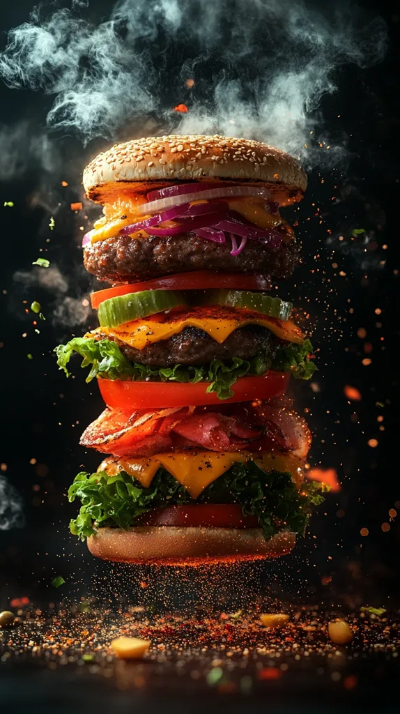 A towering gourmet burger, seemingly defying gravity, is captured mid-air.  Multiple layers of juicy patties, melted cheese, crisp bacon, fresh lettuce, tomato, onion, and pickles are stacked high on a sesame seed bun.  Steam rises, adding to the dramatic effect, as seasonings scatter around the base, emphasizing the burger's deliciousness.  The dark background enhances the vibrant colors and textures of the food.