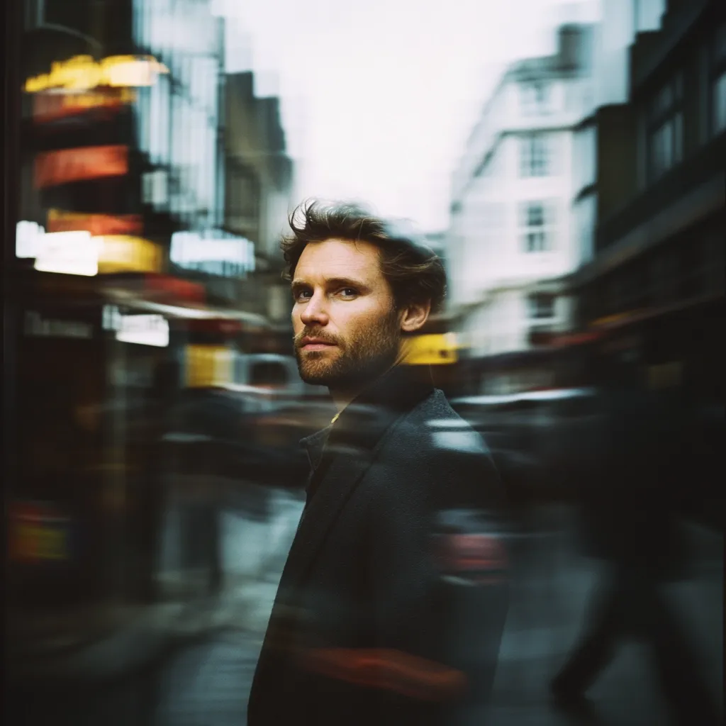 A man with a beard and dark hair stands on a city street, his gaze directed to his left.  The background is blurred, creating a motion effect that emphasizes the man as the focal point. The urban setting is suggested by out-of-focus buildings and passing vehicles.  The overall mood is contemplative and stylish.