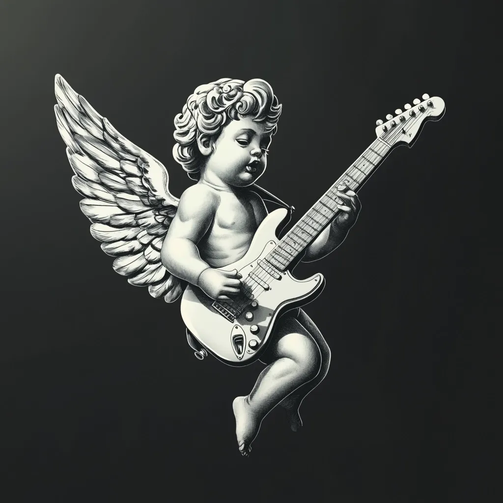 A cherubic angel, depicted in a monochrome style, plays an electric guitar.  Its wings are large and detailed, contrasting with the smooth lines of the guitar. The angel's pose is dynamic, suggesting movement and energy, creating a striking visual juxtaposition of innocence and rock and roll.  The dark background emphasizes the image's central figure.