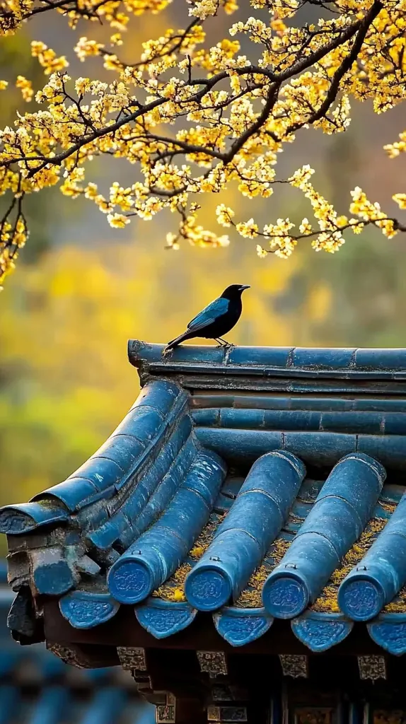 A black bird perches atop a vibrant blue tiled roof.  Golden yellow blossoms from a flowering branch delicately overhang the scene. The roof's intricate detailing and the soft, warm light create a serene and picturesque moment, suggesting a tranquil Asian setting. The contrast between the bird's dark plumage and the bright colors enhances the image's aesthetic appeal.