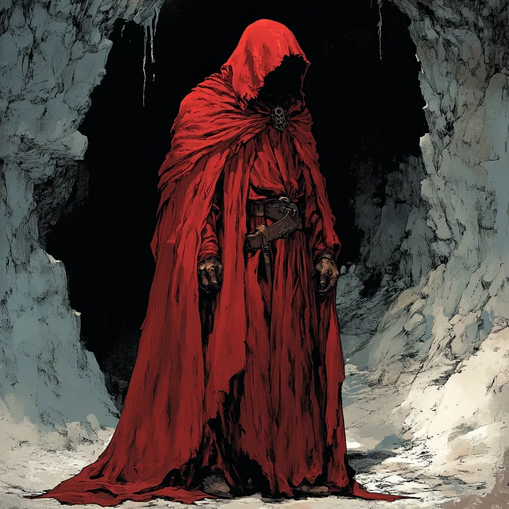 A figure cloaked in a long, flowing red robe and a deep hood stands in a dark cave entrance. The robe's rich color contrasts with the stark, icy landscape.  The figure's face is obscured, adding to an air of mystery and power.  A belt with a buckle is visible beneath the cloak. The overall style is dark, evocative, and suggestive of fantasy or a gothic setting.