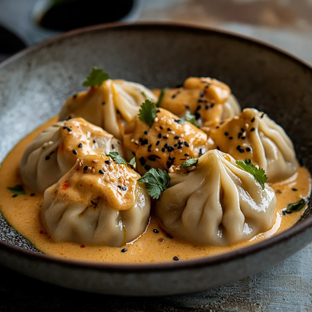 A close-up shot reveals a bowl of delectable dumplings nestled in a vibrant orange sauce.  The dumplings, plump and delicately pleated, are generously drizzled with the sauce and sprinkled with black sesame seeds. Fresh cilantro adds a touch of green, enhancing the visual appeal of this appetizing dish. The bowl's dark grey color provides a striking contrast to the warm tones of the food.