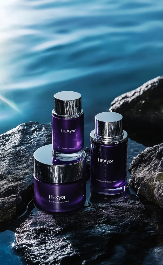 Three HEXYOR skincare products are displayed on dark rocks near water.  A tall, slender bottle, a shorter, wider bottle, and a jar of cream are artfully arranged. The bottles are dark purple with silver caps, and the jar is a matching purple. The brand name is prominently displayed on each container. The setting is serene and luxurious, suggesting a high-end product line.