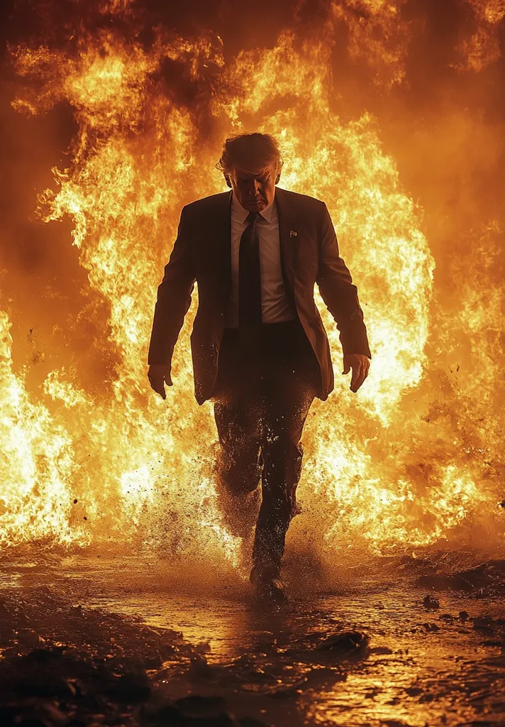 The image depicts Donald Trump running through a fiery landscape.  He is dressed in a dark suit and tie, his head bowed slightly.  The flames behind him are immense and intense, creating a dramatic, almost apocalyptic backdrop.  The overall effect is one of chaos and turmoil, suggesting a powerful metaphor for political upheaval or a turbulent period.  The water splashing around his feet adds to the sense of movement and urgency.