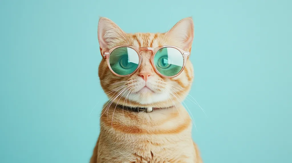 A ginger cat, wearing a black collar and round, light-pink framed sunglasses with teal lenses, stares directly at the camera.  The cat's expression is serious and slightly aloof.  The background is a solid, pale turquoise. The image is a close-up portrait, focusing on the cat's face and upper body.