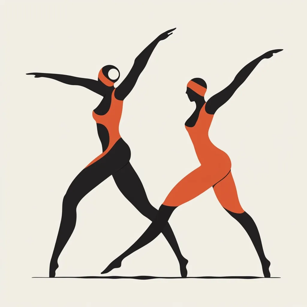 Two stylized female figures in orange swimsuits are depicted in dynamic poses against a light beige background. Their limbs are elongated and gracefully intertwined, suggesting movement and fluidity.  One figure is primarily black, while the other is predominantly orange, creating a striking visual contrast. The minimalist style emphasizes form and line, conveying a sense of energy and athleticism.