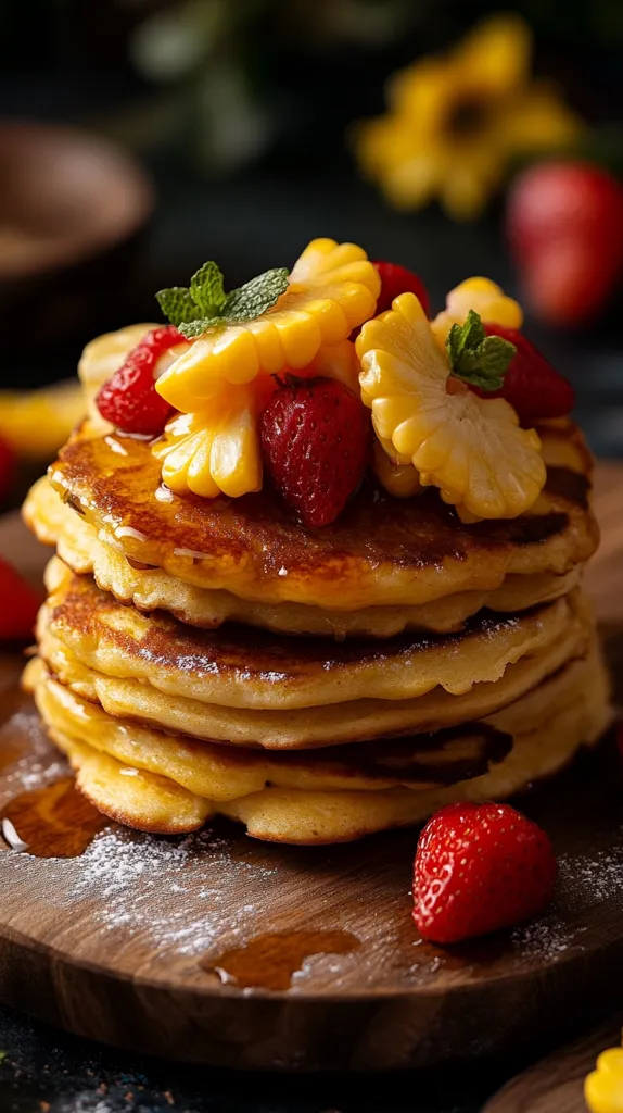 A stack of golden-brown pancakes is generously topped with fresh strawberries and grilled corn kernels.  Drizzled with maple syrup and dusted with powdered sugar, the pancakes sit on a rustic wooden board.  The vibrant colors of the fruit and the warm tones of the pancakes create a mouthwatering image.  A few fresh mint leaves add a touch of freshness.