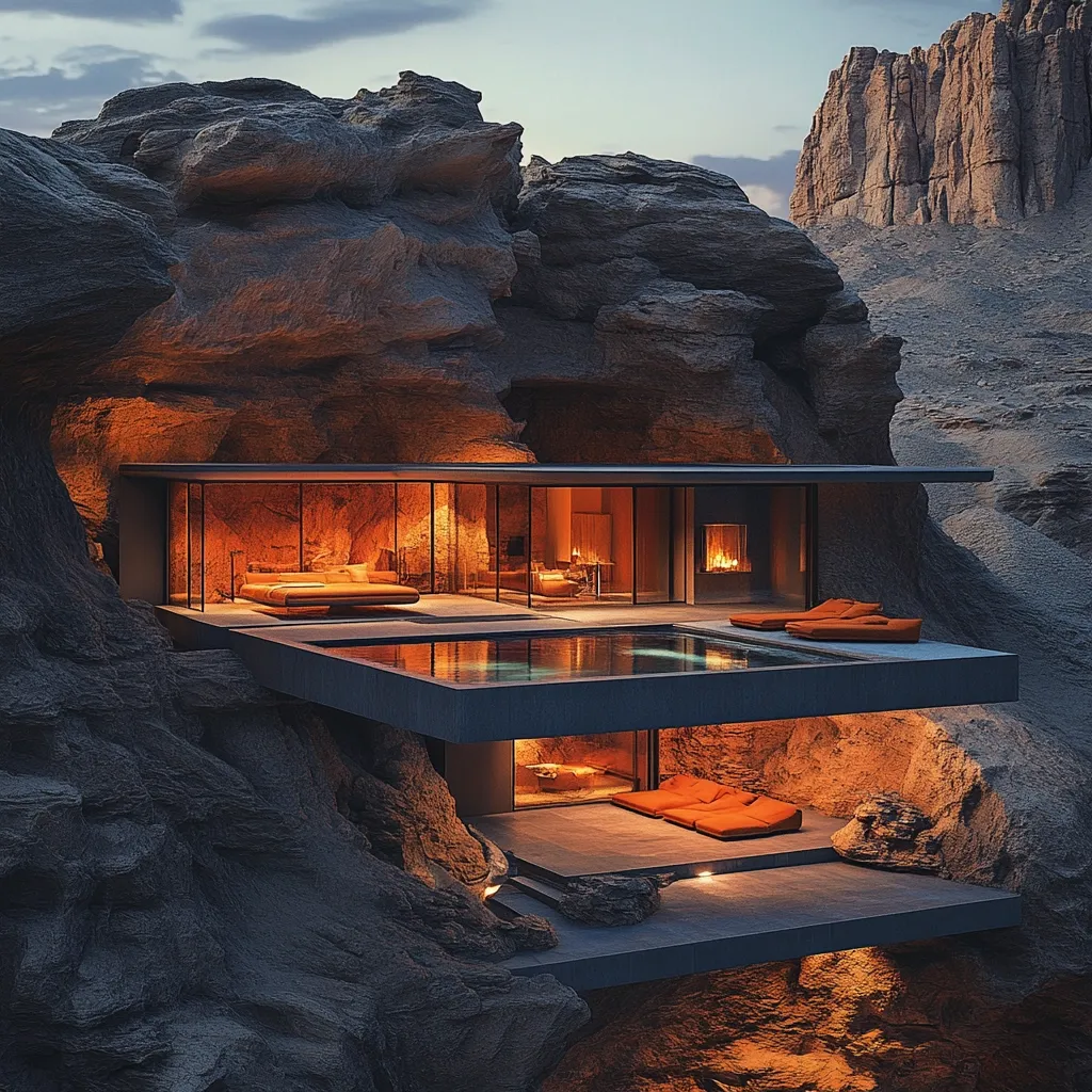 A stunning, modern home is nestled into a dramatic rock face.  The structure features glass walls offering breathtaking views, an infinity pool, and warm interior lighting contrasting with the cool exterior.  Orange lounge furniture provides a cozy feel against the dark stone.  The design seamlessly blends architecture with the rugged desert landscape.  The home appears secluded and luxurious, a sanctuary in the vastness of the wilderness.