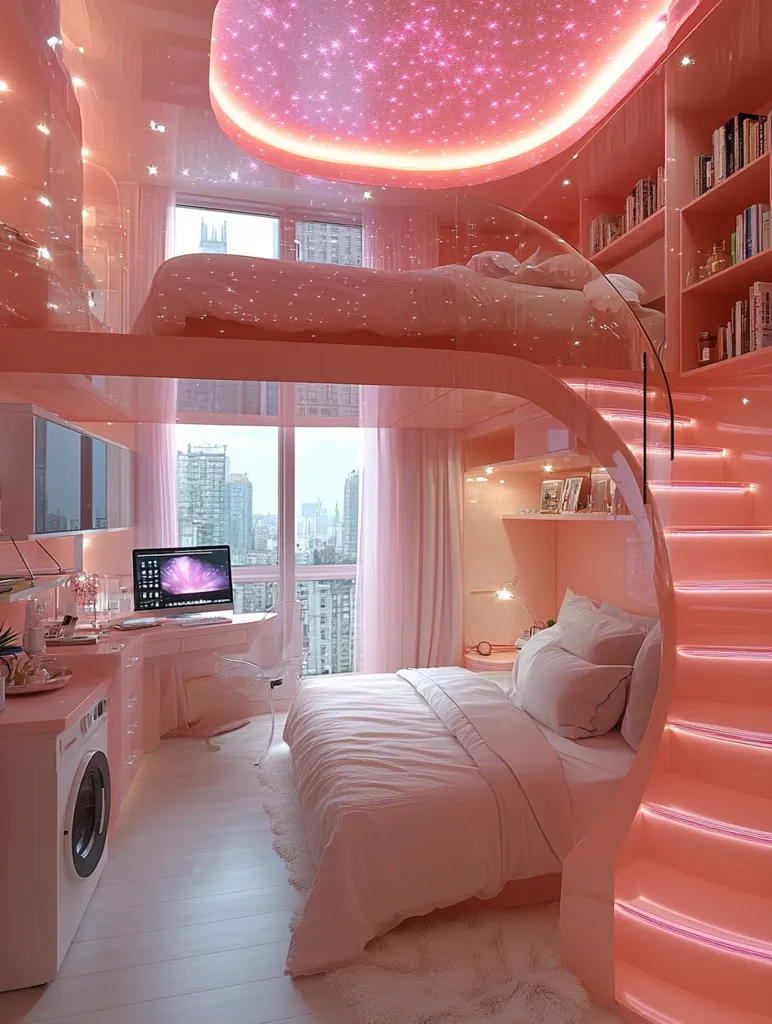 A dreamy pink bedroom features a loft bed with a glass enclosure, illuminated stairs, and a built-in desk.  The room boasts a starlit ceiling and large windows offering a city view.  Soft pink bedding and a fluffy rug complete the feminine and luxurious aesthetic.  Built-in bookshelves add to the room's functionality.  The overall design is modern and elegant, with a touch of whimsy.
