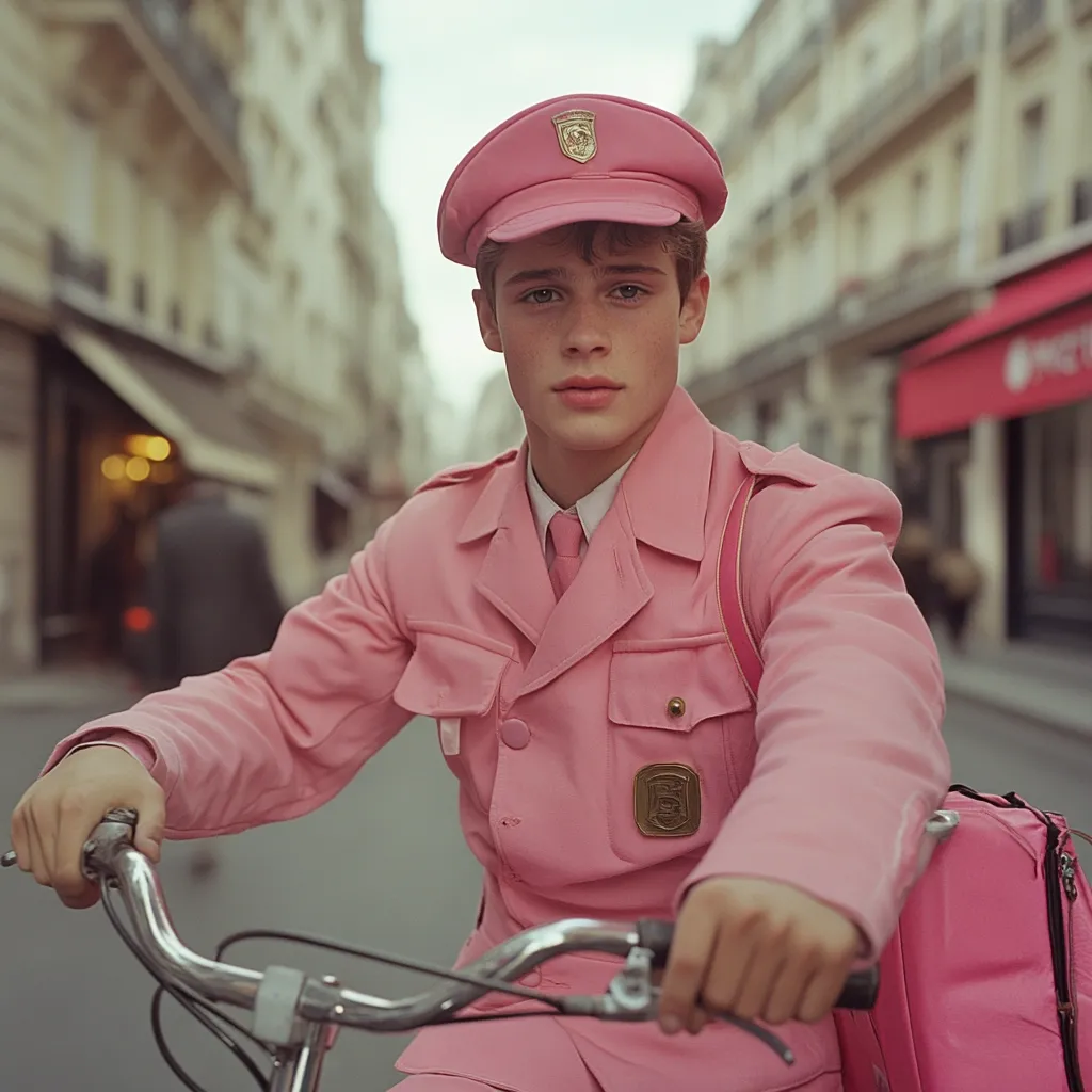 A young man in a vibrant pink uniform, complete with a matching cap and satchel, sits on a bicycle on a Parisian street.  His expression is serious, almost stoic, as he looks directly at the camera.  The overall aesthetic is one of playful sophistication, with the bold pink contrasting against the muted tones of the city backdrop.