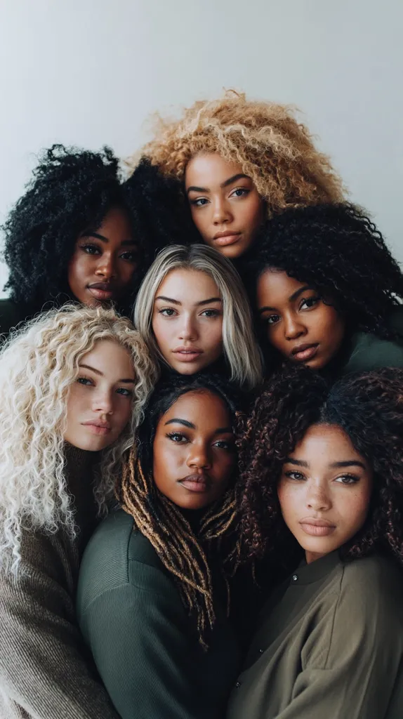 Seven young women with diverse hairstyles and skin tones huddle together in a close embrace.  Their hair ranges from tight curls to loose waves and blonde to dark brown.  They are wearing muted olive green tops, creating a unified yet diverse image of female camaraderie and beauty. The background is a simple, light gray, drawing focus to the women's faces and expressions.