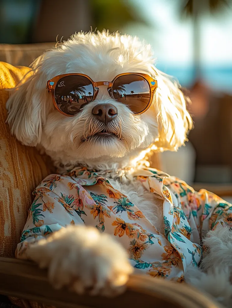 A fluffy white dog, wearing amber-tinted sunglasses and a floral shirt, lounges comfortably in a chair.  The dog's relaxed posture and the sunny background create a carefree, summery vibe. The reflection in the sunglasses shows a beach scene, enhancing the idyllic setting.  The overall image is one of casual elegance and canine cool.