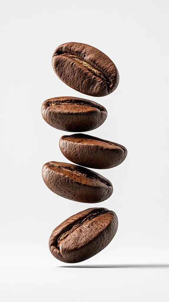 Five roasted coffee beans hover against a bright white background, stacked vertically in a slightly offset alignment.  The beans are rich brown with visible texture and subtle highlights, suggesting a depth of color and a smooth, oily surface. The image has a clean, minimalist aesthetic, emphasizing the beans' form and rich color.