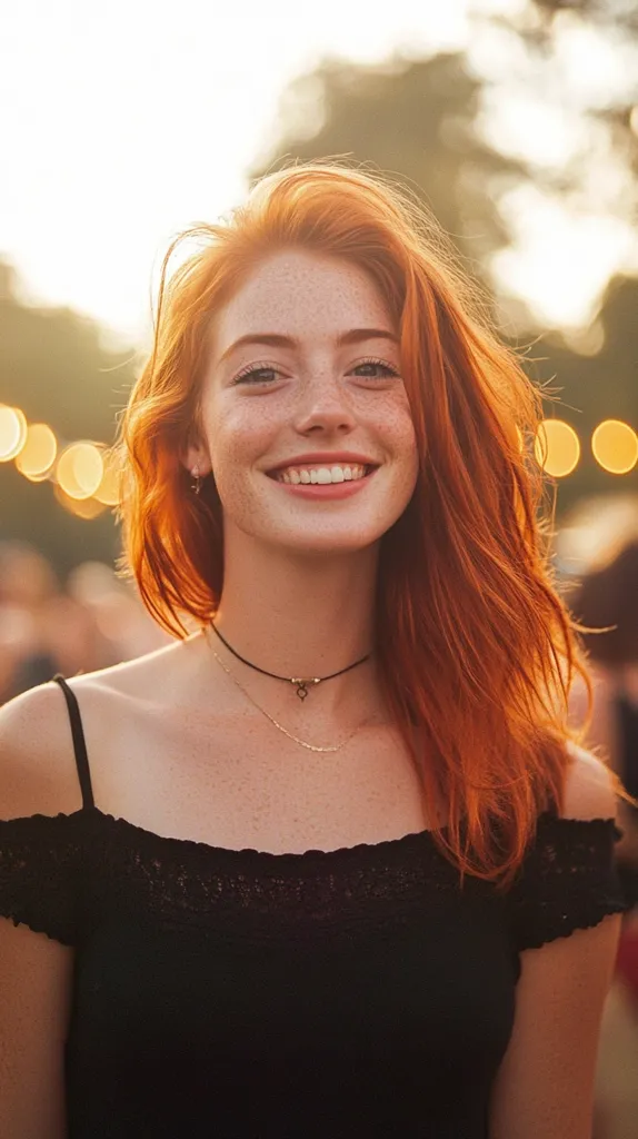 A young woman with vibrant red hair and freckles smiles warmly at the camera.  Her long hair cascades down her shoulders. She wears a black off-the-shoulder top with delicate lace trim and a simple necklace.  The background is softly blurred, suggesting an outdoor setting with warm lighting and bokeh effects from string lights.  Her expression is cheerful and approachable.
