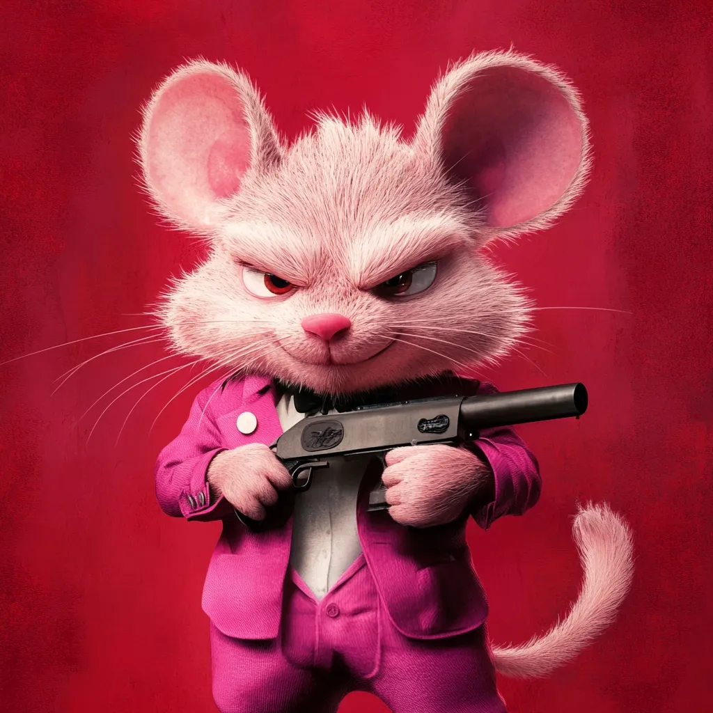 A pink anthropomorphic mouse, sharply dressed in a pink suit, holds a black firearm.  Its expression is serious and slightly menacing, with narrowed eyes. The mouse is rendered in a realistic, furry style against a solid red background. The image suggests a character from animation or a video game, potentially involved in crime or action.