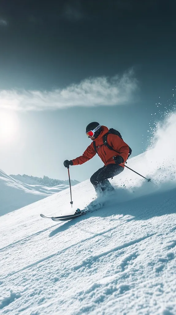 A skier in a vibrant orange jacket and helmet carves down a snowy mountain slope under a partly cloudy sky.  The skier is dynamic, creating a spray of snow as they navigate the terrain.  The background features a mountainous landscape, and sunlight brightens the scene.  The image captures the thrill and freedom of downhill skiing.