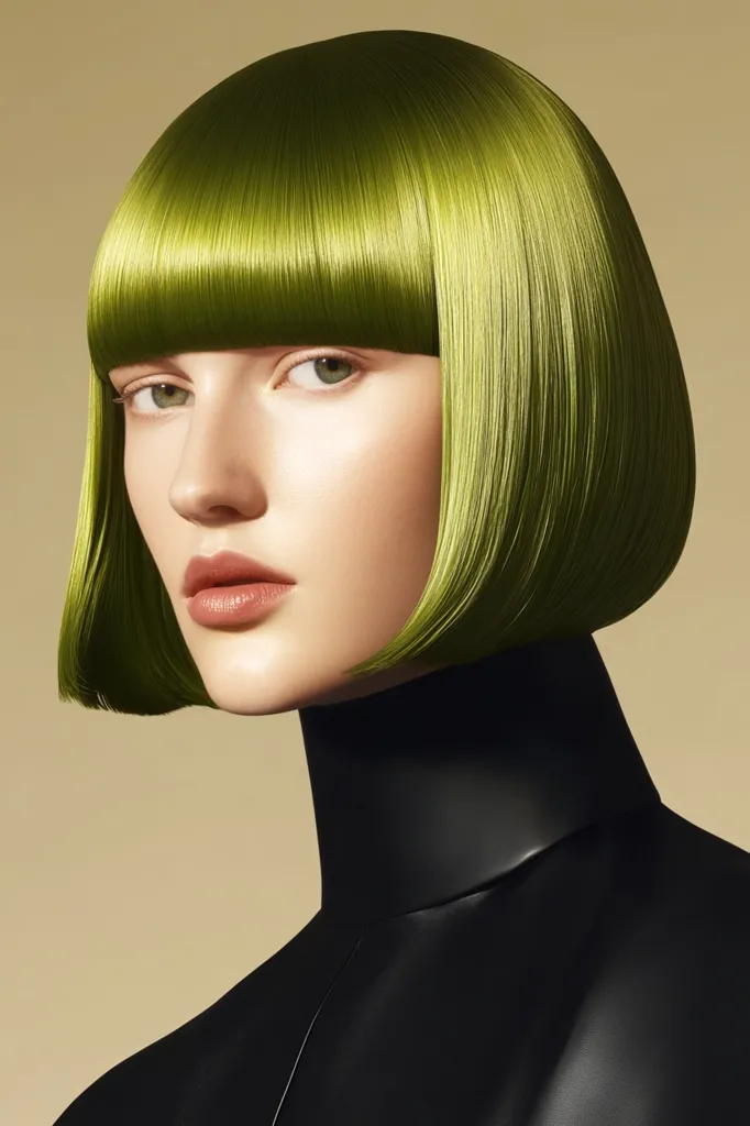 A close-up shot of a woman with a vibrant, lime green bob haircut.  The style is sleek and straight, featuring blunt bangs. Her makeup is minimal, highlighting her features. She wears a high-necked, black top, creating a striking contrast with her bold hair color. The overall aesthetic is modern and sophisticated.