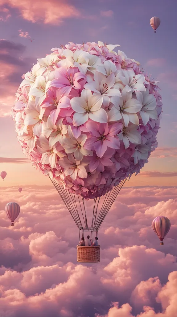 A whimsical hot air balloon crafted from countless pink and white lilies floats serenely above a sea of pastel clouds.  Three passengers enjoy the breathtaking sunset view from their unique flower-shaped vessel. Other hot air balloons are visible in the distance, adding to the magical, dreamlike atmosphere. The scene evokes a sense of peace and wonder.