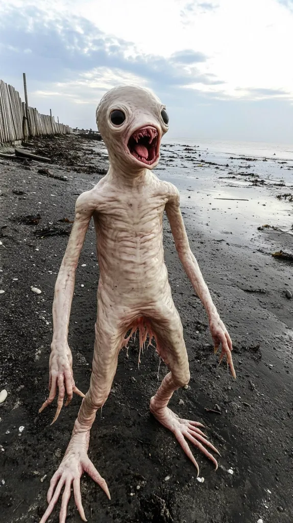 A pale, humanoid creature with large eyes and a gaping mouth stands on a dark beach. Its skin is smooth and seemingly wet, and its long limbs end in clawed feet and hands.  The creature's anatomy is unsettling, suggesting a non-human origin. The background shows a calm ocean and a wooden fence. The overall image creates a mysterious and slightly disturbing atmosphere.