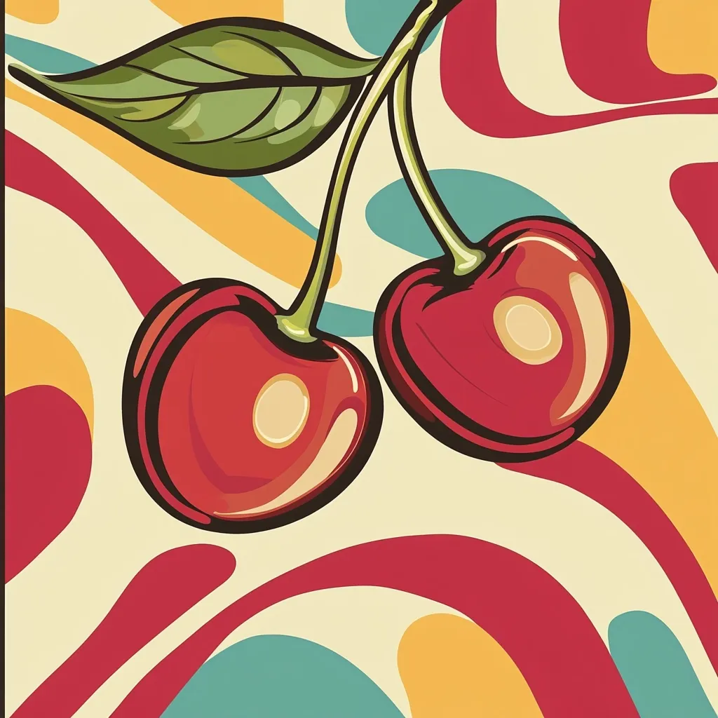 A vibrant illustration showcases two ripe cherries connected by a stem with lush green leaves.  The cherries, rendered in a glossy, red hue, stand out against a backdrop of swirling, retro-style abstract patterns in shades of red, orange, yellow, and teal. The artwork's bold colors and stylized design evoke a vintage, possibly 1960s or 70s, aesthetic.