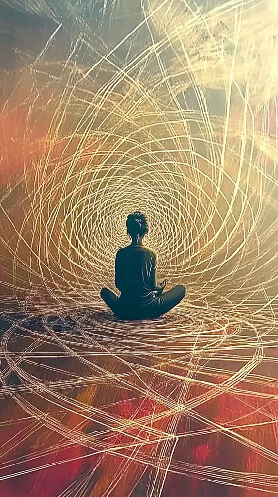 A person sits in a meditative pose, their back to the viewer, amidst a swirling vortex of golden lines.  The background is a blend of warm, earthy tones, creating a mystical and spiritual atmosphere. The lines radiate outwards, suggesting energy or connection. The overall impression is one of peace, contemplation, and inner journey.