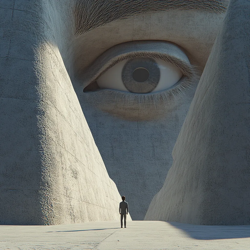 A lone figure in a suit stands between two immense, angular structures forming a canyon.  The structures are part of a colossal face, its eye dominating the scene. The eye is realistic in detail against the textured, stone-like surface of the giant head, creating a surreal and imposing atmosphere. The small human figure emphasizes the overwhelming scale of the face.