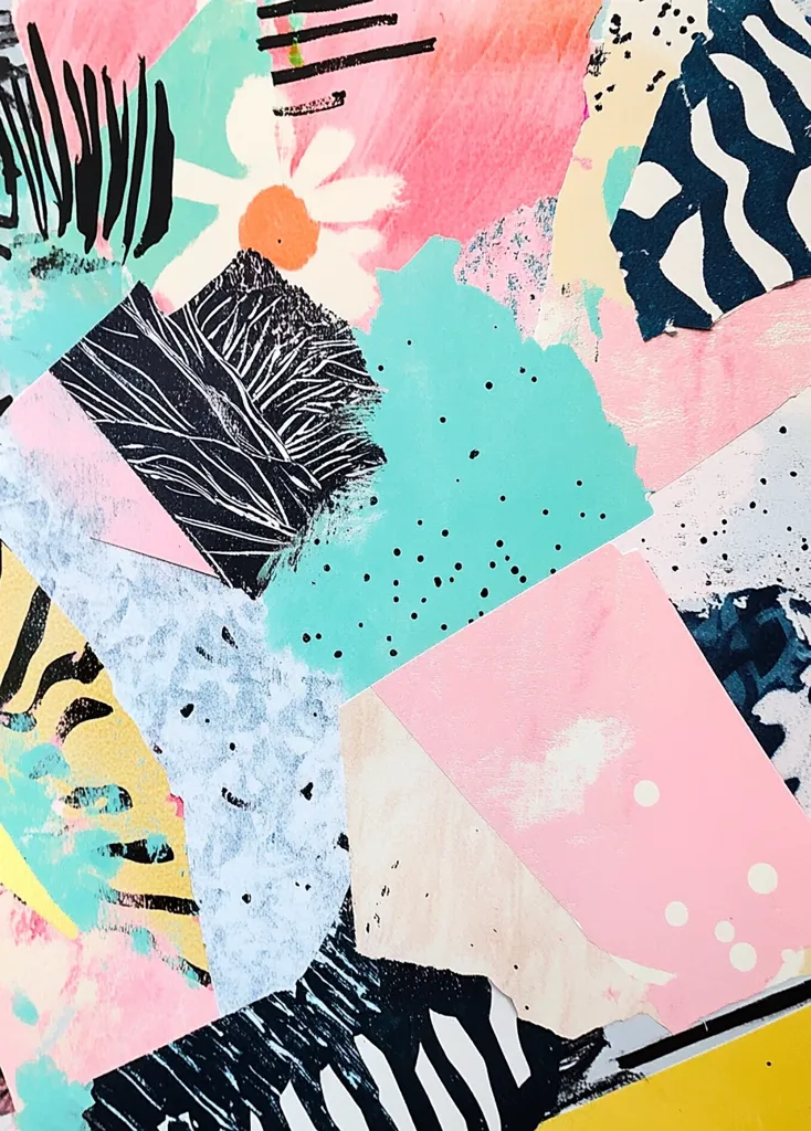 A vibrant abstract collage features geometric shapes and organic patterns in pastel hues.  Pink, teal, and white dominate, punctuated by black and white print elements like zebra stripes and floral motifs.  The artwork's playful composition suggests a layered, textured feel, created through the juxtaposition of various paper and paint techniques.  The overall effect is energetic and modern.