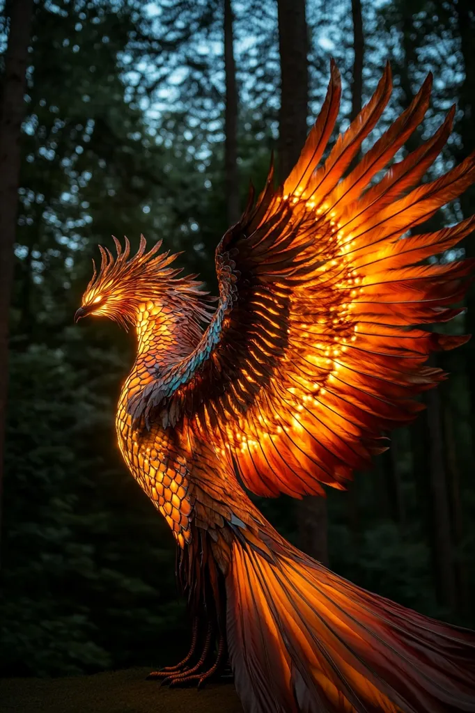 A breathtaking sculpture of a phoenix, crafted from intricately detailed metalwork, stands in a dark forest.  Its wings are outstretched, illuminated from within by warm, golden lights that mimic flames.  The phoenix's feathers are meticulously rendered, creating a lifelike and ethereal presence.  The dark background emphasizes the sculpture's fiery glow, enhancing its mystical quality.