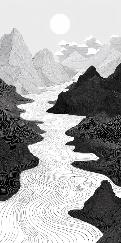 A monochromatic illustration depicts a winding river flowing through a mountainous landscape.  The mountains are rendered in contrasting shades of black and white, creating a yin and yang effect.  The river's current is meticulously detailed with numerous lines suggesting movement and depth.  A single, bright sun hangs in the sky above the scene. The style is reminiscent of intricate line drawings or etchings.