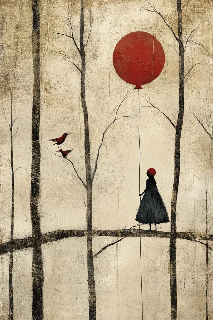 A stylized illustration depicts a young girl in a dark dress and red hat standing on a branch in a sparse, pale forest.  She holds a string attached to a large, vibrant red balloon floating above. Two small dark red birds perch on a nearby branch. The style is reminiscent of folk art, with a textured, aged background. The overall mood is melancholic yet hopeful.