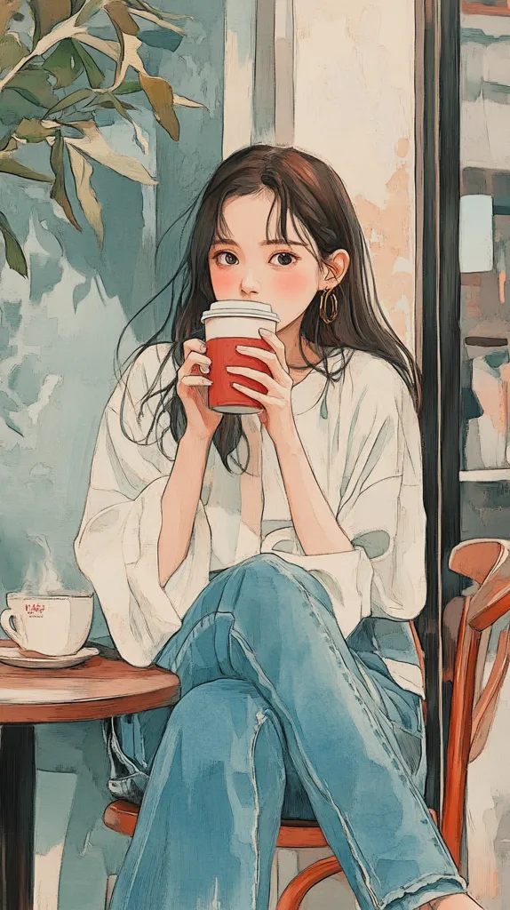 A young woman with long brown hair sits at an outdoor cafe table, contentedly sipping from a red to-go cup.  She's dressed in a loose white shirt and blue jeans, a relaxed and casual style.  The art style is soft and painterly, with muted pastel tones creating a calm and peaceful atmosphere.  A cup of coffee sits on the table beside her.  Green foliage is visible in the background.