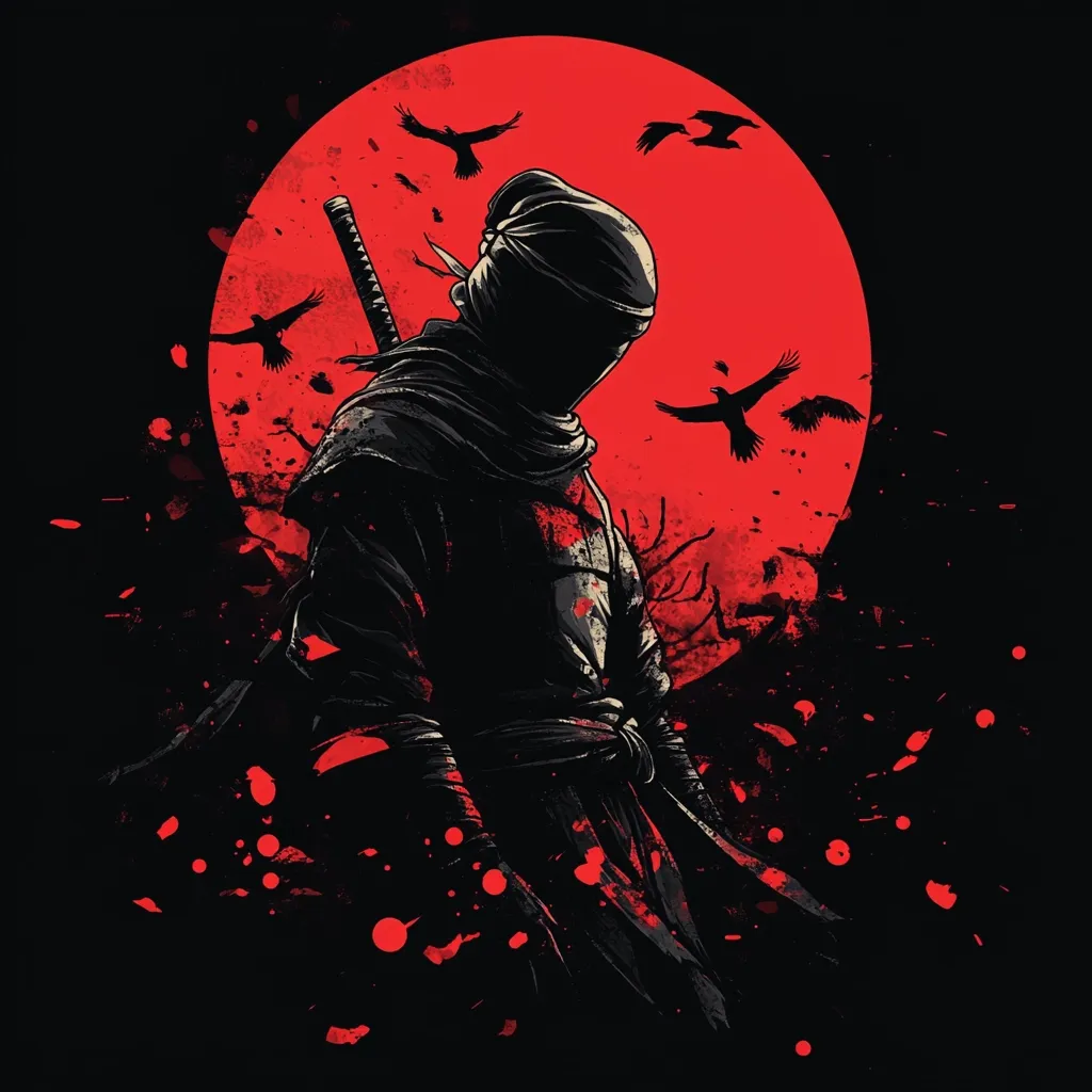 A silhouetted ninja, cloaked in darkness, stands against a vibrant red moon.  Crows fly across the crimson backdrop, adding to the ominous atmosphere.  Blood spatter effects surround the figure, suggesting recent violence. The ninja's katana is sheathed at his side, adding to the overall sense of mystery and danger.  The artwork is a dramatic blend of dark and light, highlighting a brooding and powerful presence.