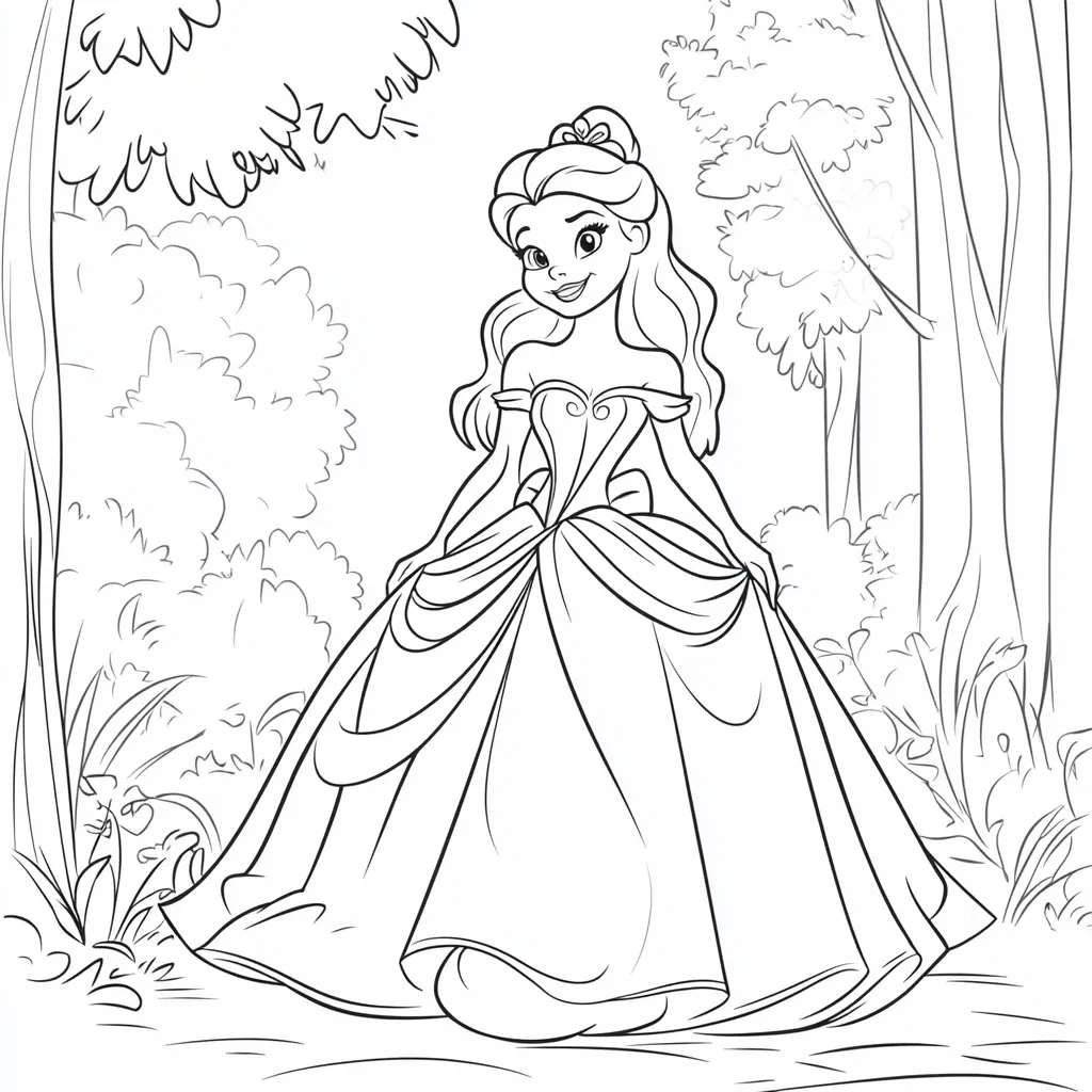 A princess in a large ball gown walks through a forest.  She has long hair pulled back, and her dress has a fitted bodice and a full skirt.  The forest is lush, with detailed trees and shrubs surrounding her. The image is a coloring page, with clean lines and a simple style, suitable for children.