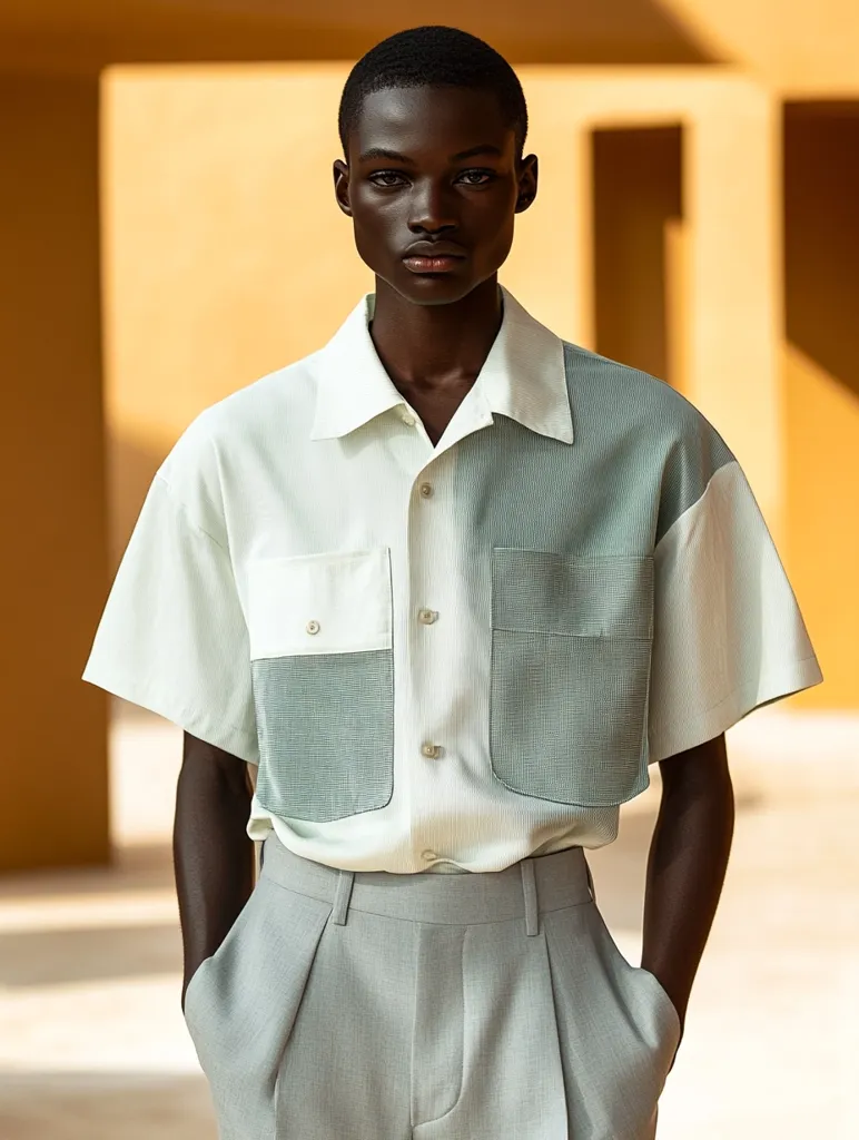A dark-skinned male model stands against a muted orange background, showcasing a short-sleeved collared shirt. The shirt features a unique two-toned design: a creamy white on the top half and a soft teal on the bottom, with contrasting textured panels. He is wearing light grey pleated trousers and his hands are casually in his pockets.  The overall style is minimalist and sophisticated.
