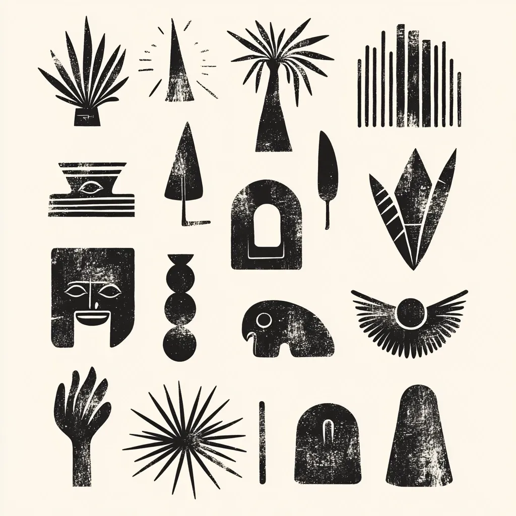 A collection of twenty stylized black and white glyphs arranged in a grid pattern.  The symbols depict a variety of shapes and forms, including plants, geometric designs, and what appear to be stylized representations of ancient artifacts or creatures.  The distressed, textured appearance suggests a printmaking technique.  The overall aesthetic is minimalist and evocative of ancient cultures or mythology.