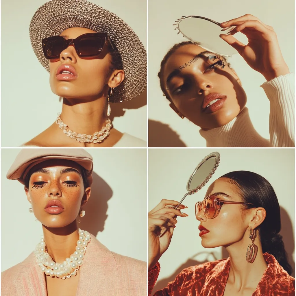 A stylish collage showcases four diverse women, each with unique accessories and makeup.  The warm lighting accentuates their features.  One wears a wide-brimmed hat and sunglasses, another a newsboy cap, and the others sport different sunglasses and dramatic earrings.  All are adorned with pearl necklaces, adding a touch of elegance to their individual styles.