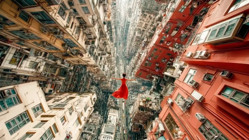 A woman in a red dress appears to float between towering, densely packed buildings in a city, possibly Hong Kong.  The perspective is dramatically skewed, creating a surreal, almost impossible sense of depth and scale. The buildings lean in towards the viewer, emphasizing the claustrophobic yet vibrant urban environment. The image juxtaposes the fragility of the woman with the imposing strength of the architecture.
